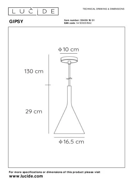 Lucide GIPSY - Hanglamp - Ø 16,5 cm - 1xE27 - Wit - technisch